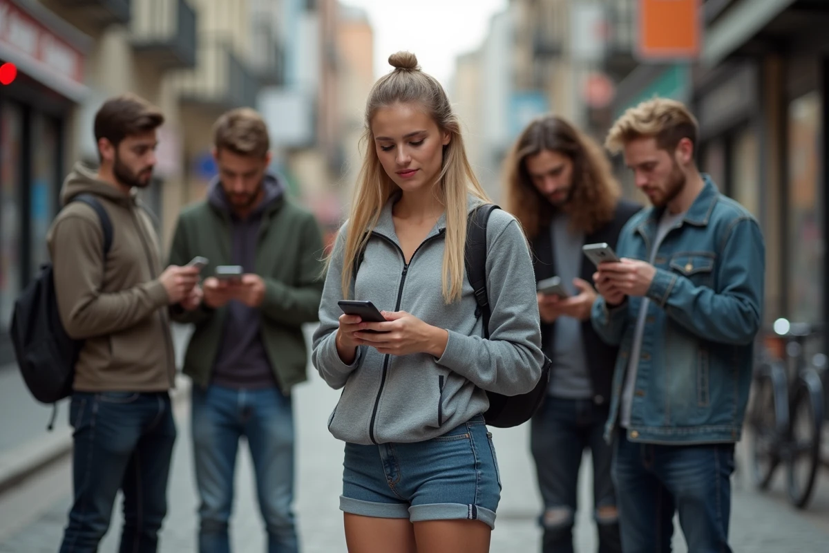 Groupe de jeunes discutant avec leurs smartphones en rue