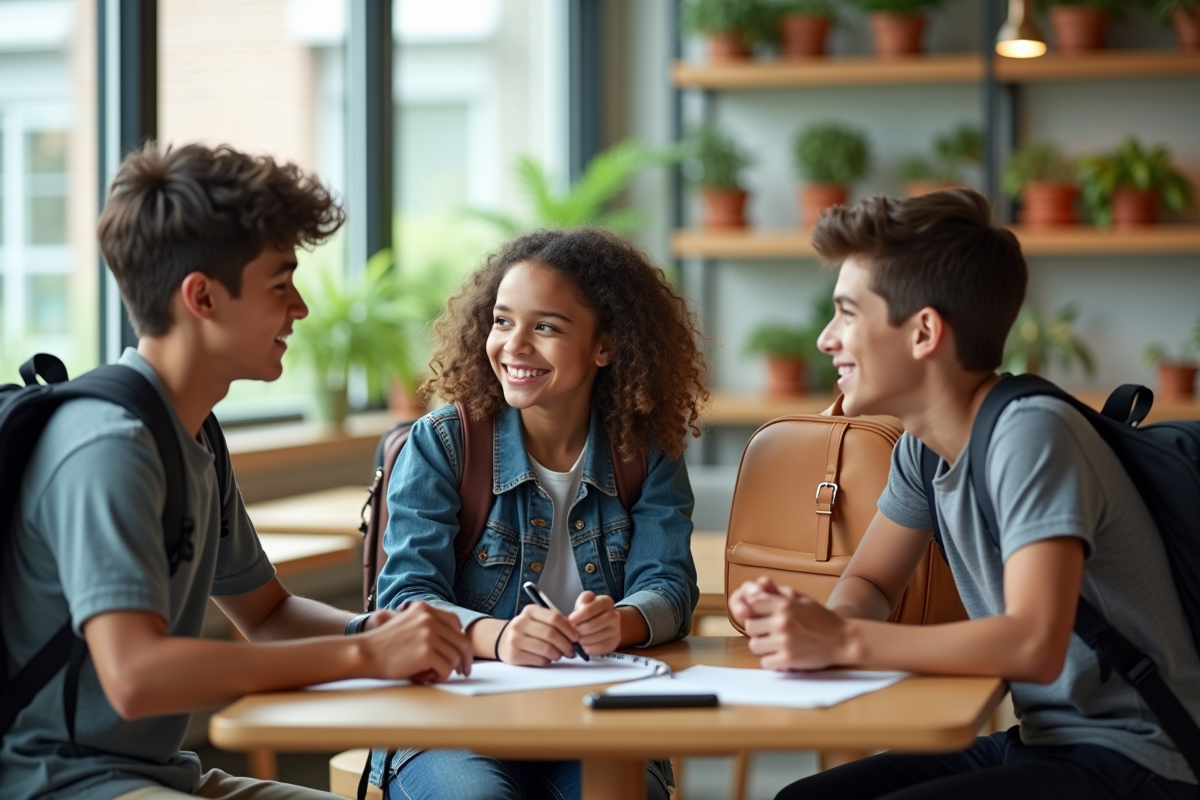 Trois lycéens avec sacs tendance autour d