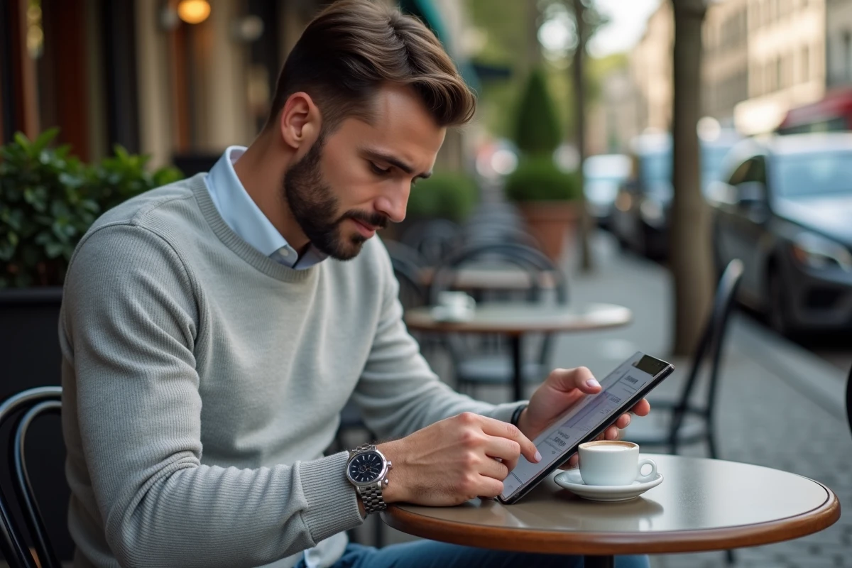 Jeune homme consultant un guide d'achat de montre de luxe sur tablette en terrasse de café à Paris