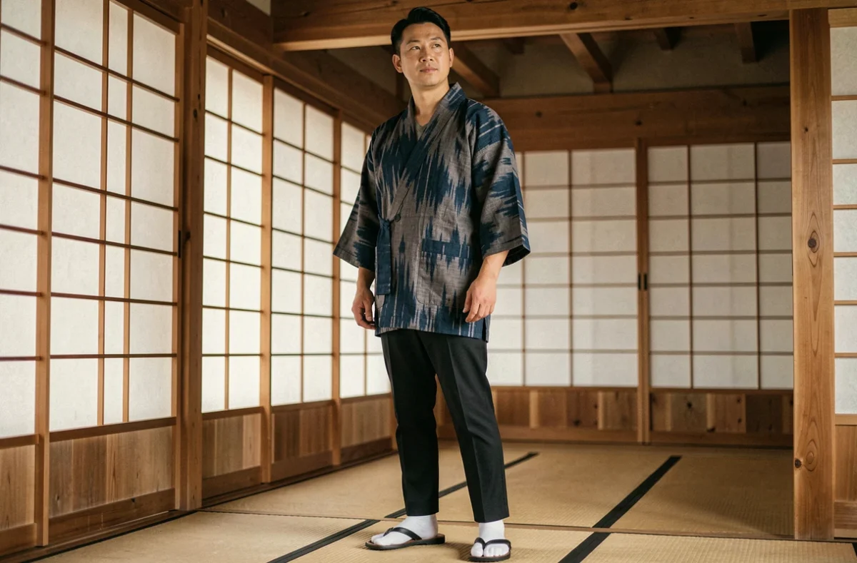 Homme en haori contemporain à motif ikat indigo posé dans une maison de thé japonaise traditionnelle en bois