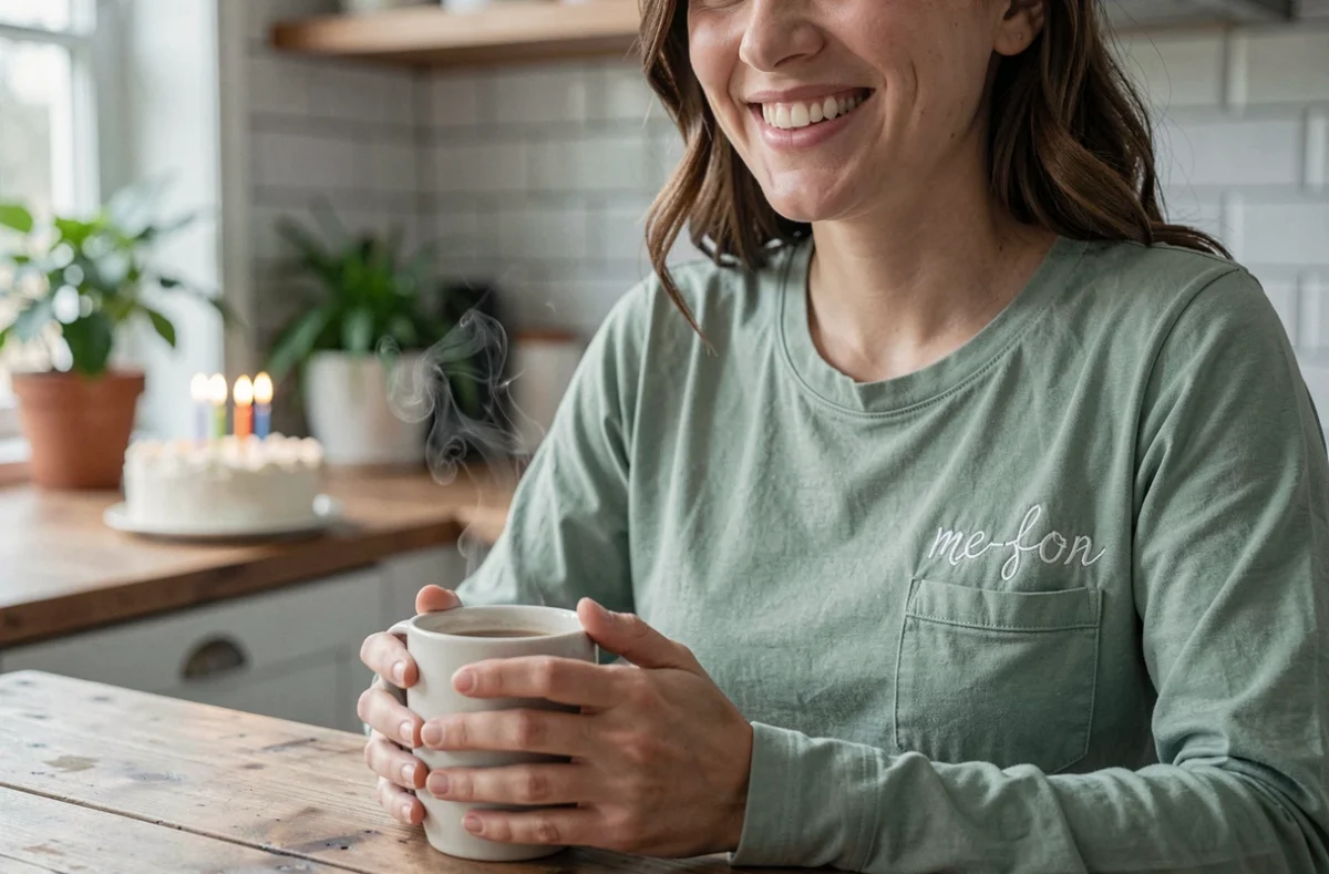 Femme souriante portant un haut de pyjama personnalisé avec prénom brodé, tenant une tasse dans une cuisine décorée pour un anniversaire