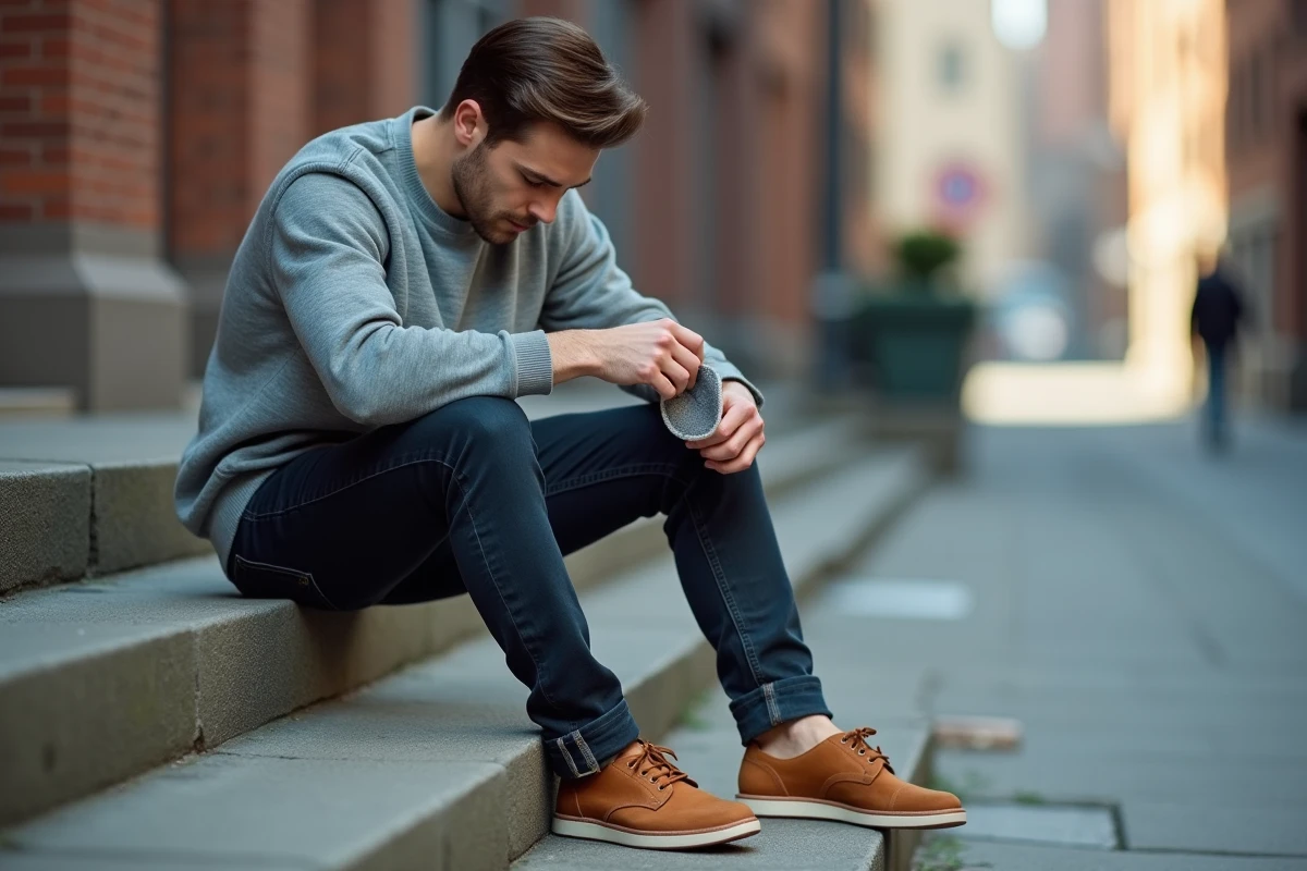 Jeune homme appliquant de la cire sur ses sneakers en cuir camel assis sur des marches en béton en ville