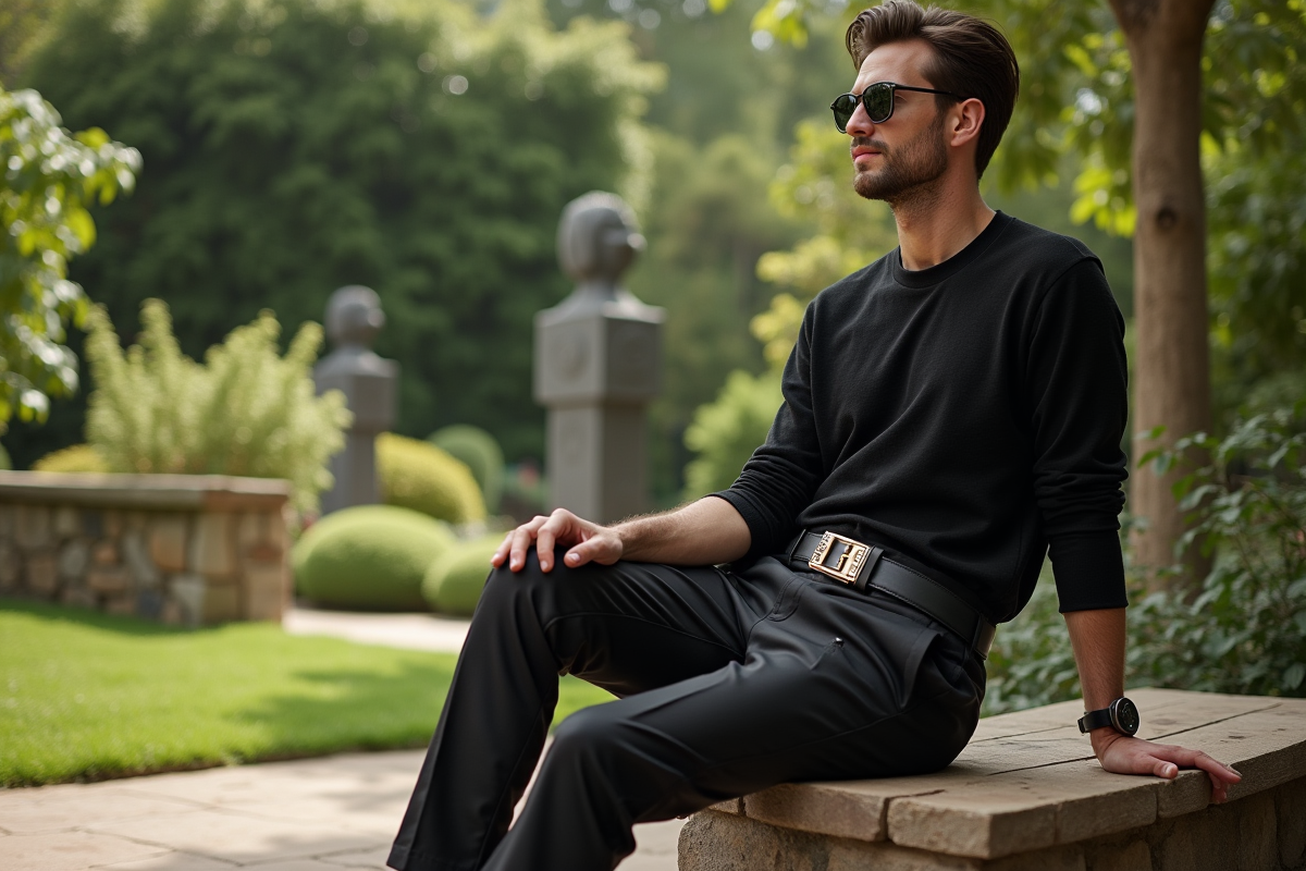 Homme en tenue minimaliste dans un jardin botanique