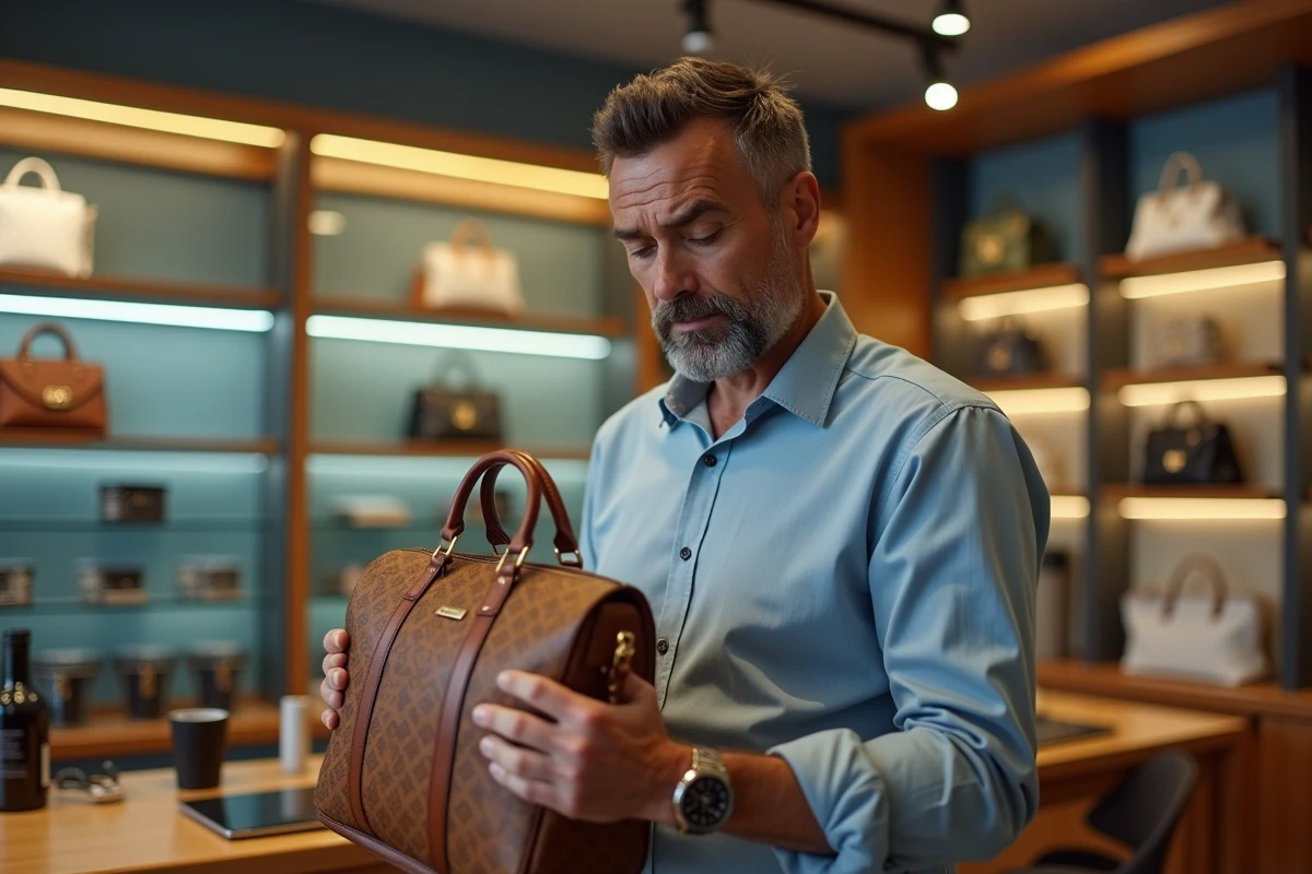 Homme examinant un sac de luxe contrefait en boutique