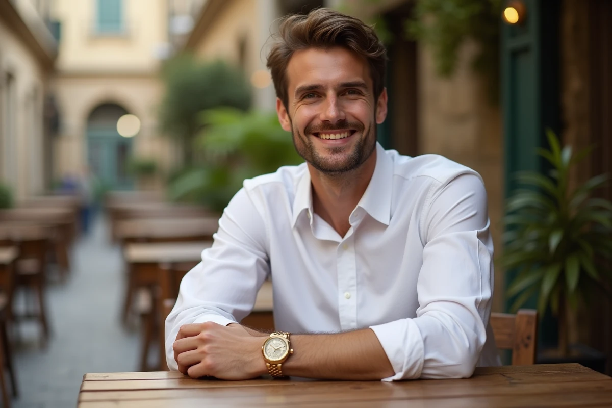 Homme avec bracelet en or dans un café en plein air