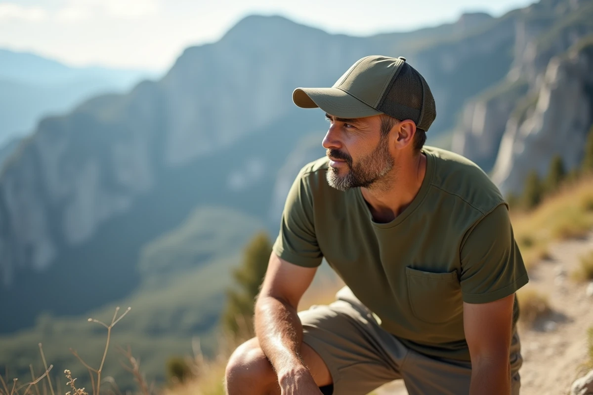 Homme en casquette verte sur un sentier de randonnée ensoleillé en montagne, alliant style et protection UV