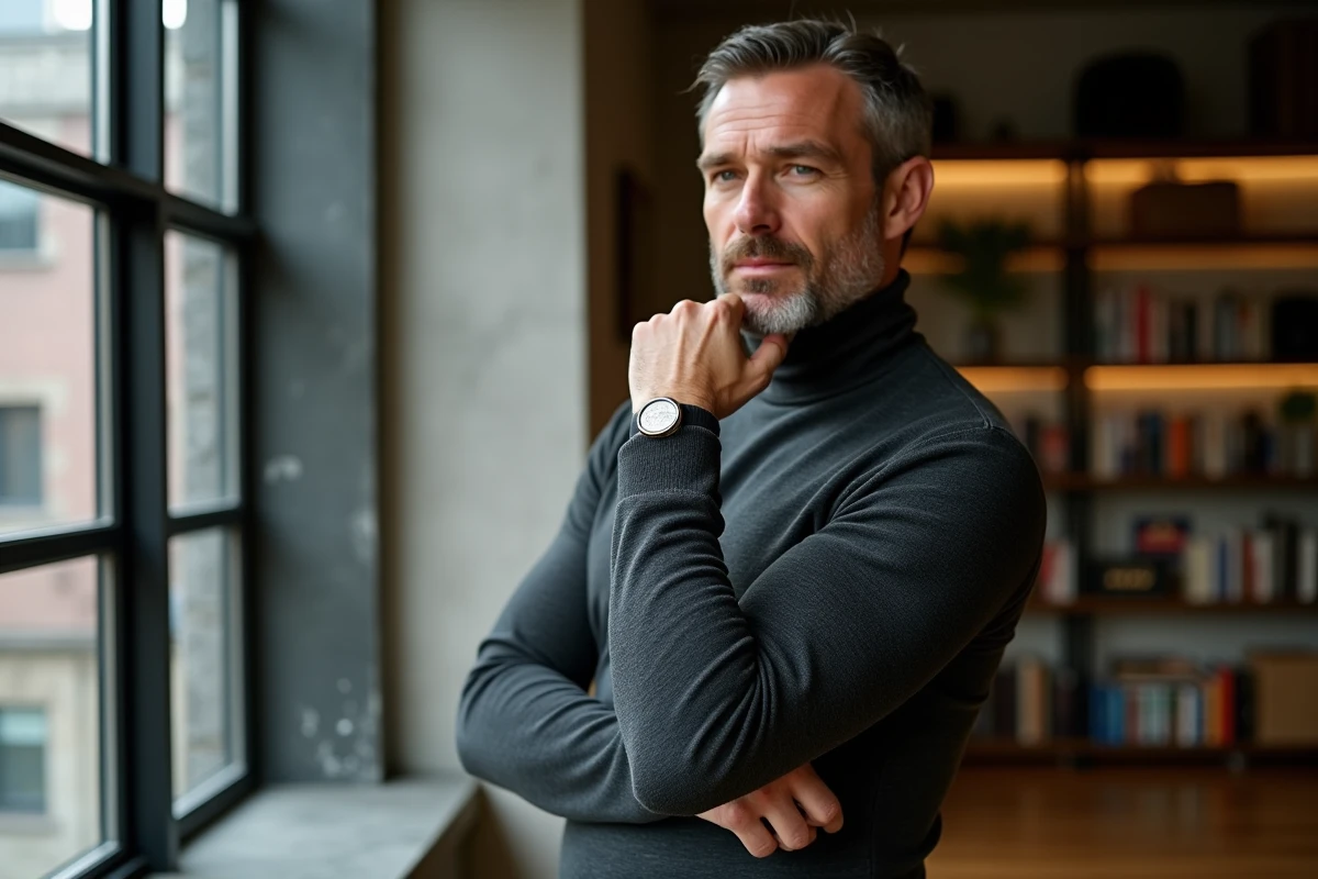 Homme portant une chevalière en argent massif sur l'auriculaire, pose réfléchie dans un appartement loft moderne aux murs en béton