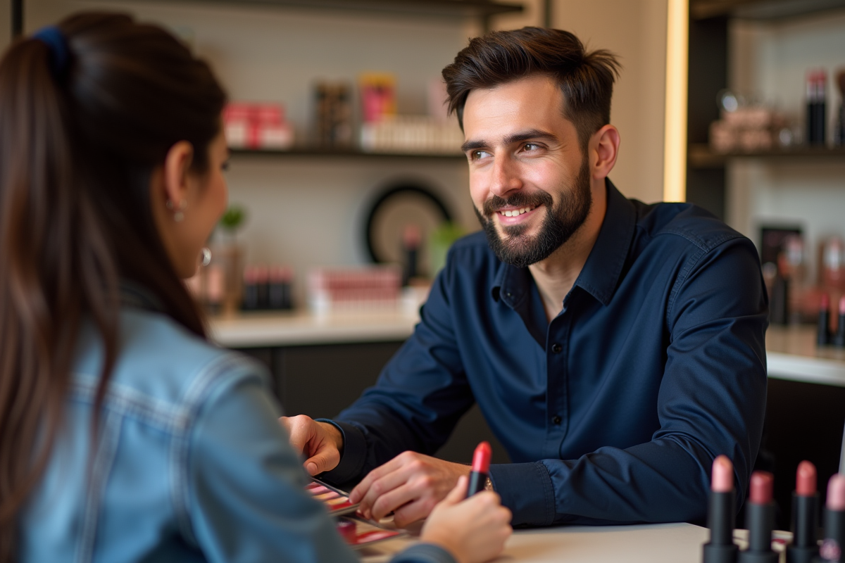 Homme en boutique maquillage choisissant un rouge à lèvres