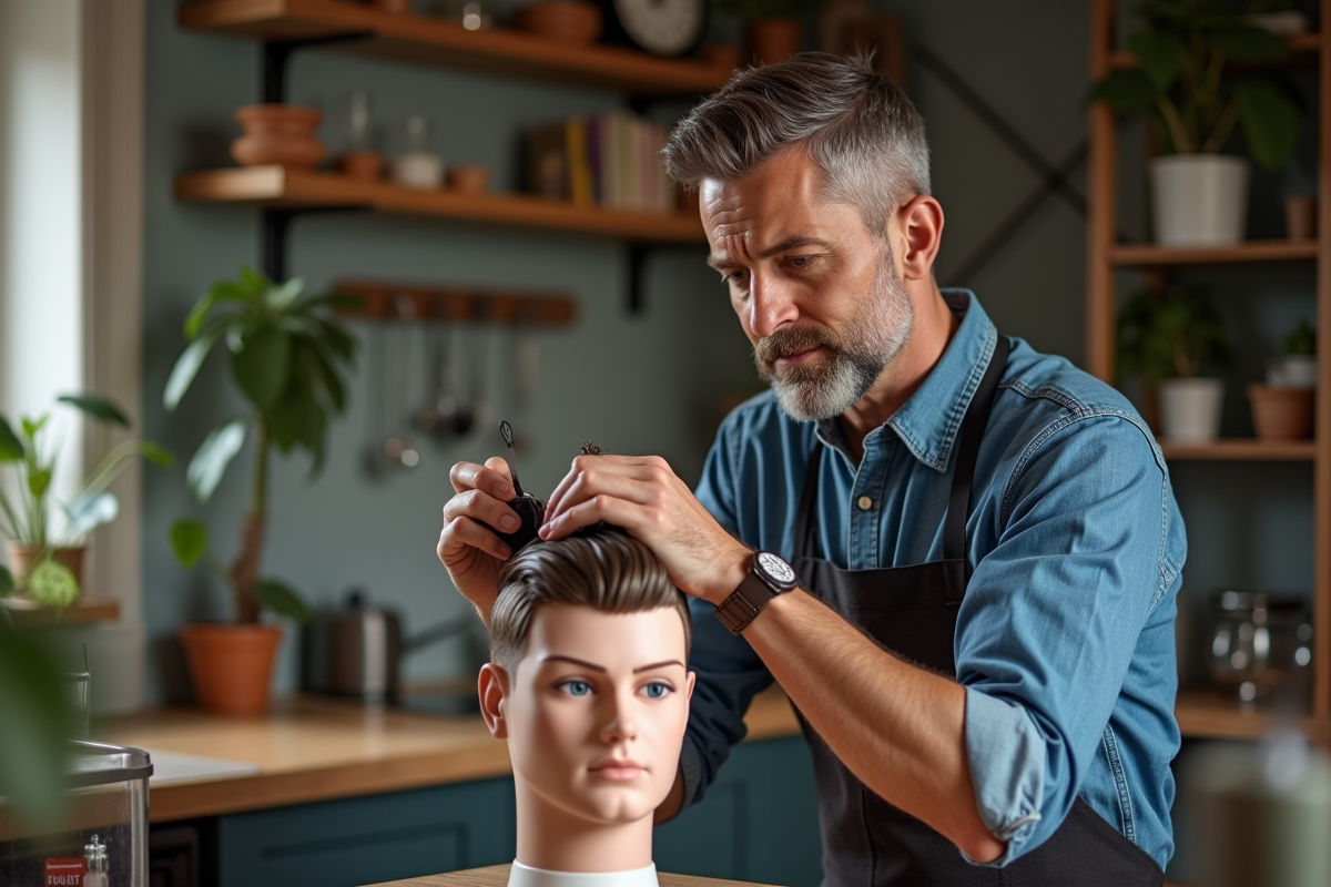 Homme coiffant un mannequin dans une cuisine chaleureuse