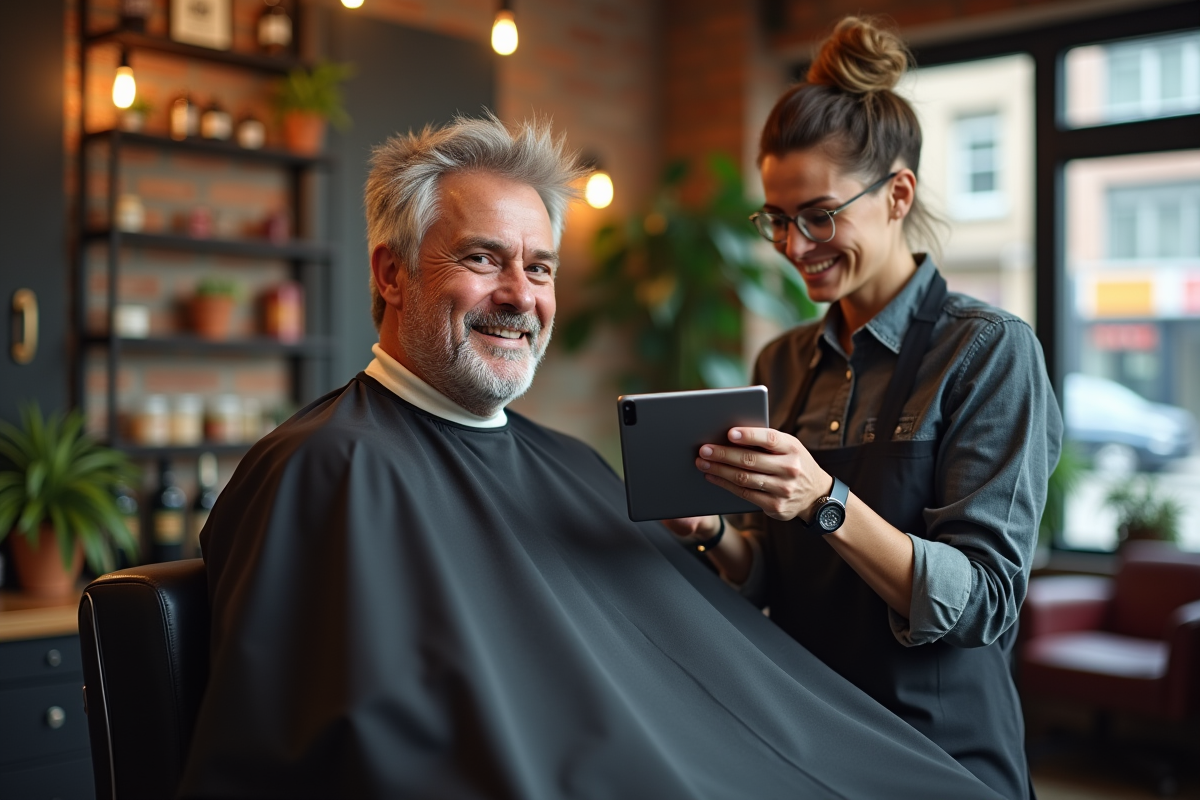 Homme avec tablette montrant styles de coiffure dans salon urbain