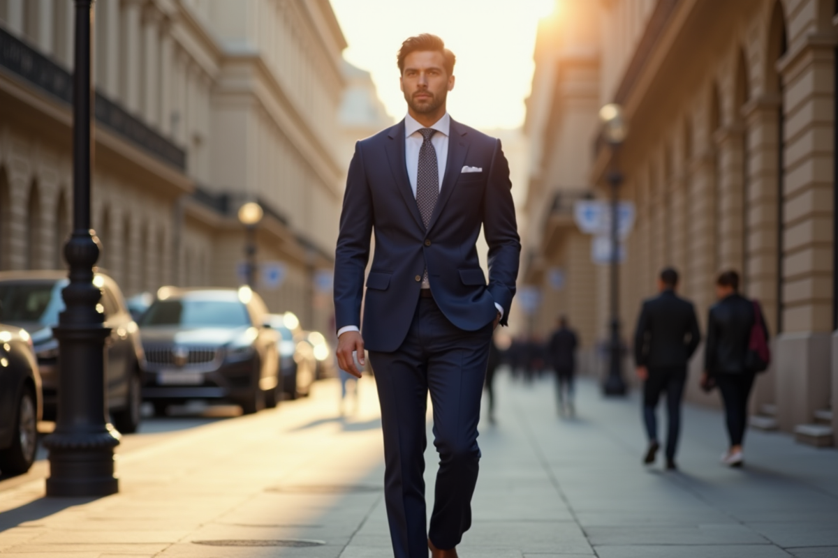 Homme élégant en costume navy Ralph Lauren dans la ville