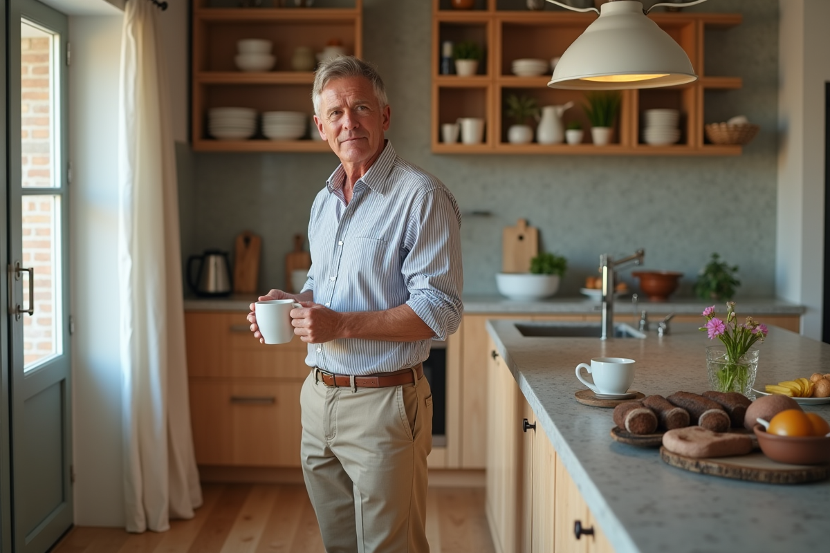 Homme préparant un café dans une cuisine moderne