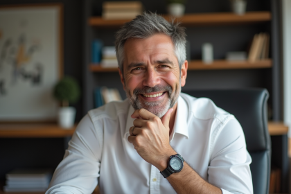 Homme d'affaires en portrait pensif dans un bureau moderne