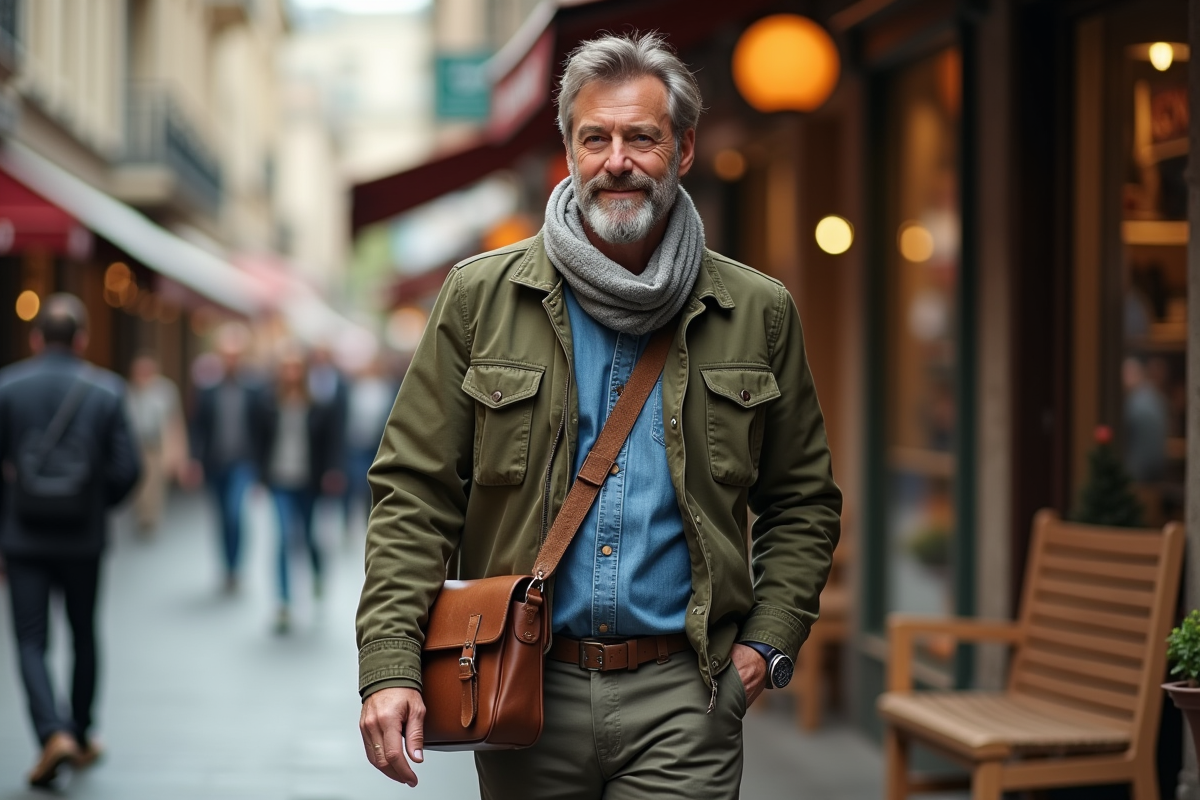 Homme en veste kaki marche dans une rue animée