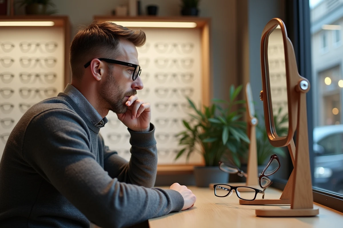 Homme regardant dans un miroir en essayant des lunettes de designer