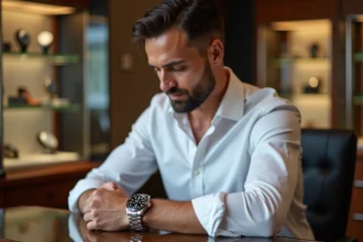 Homme examinant attentivement une montre Rolex en acier dans une boutique de luxe avant son premier achat