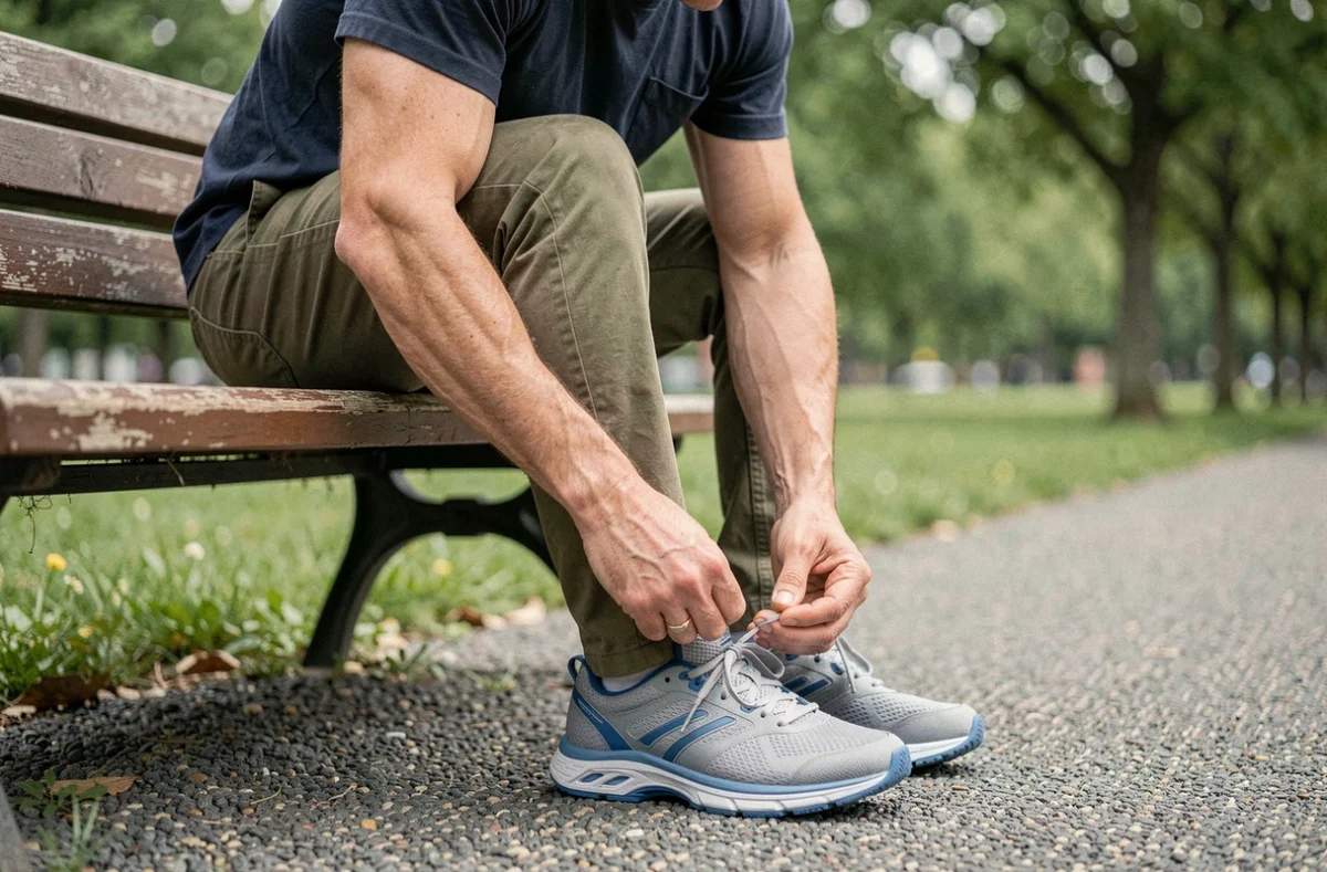 Homme attachant les lacets de ses baskets de marche confortables dans un parc urbain