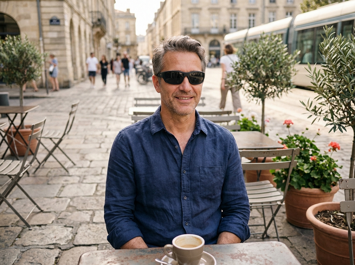 Homme portant des lunettes de soleil correctrices polarisées en terrasse de café urbain