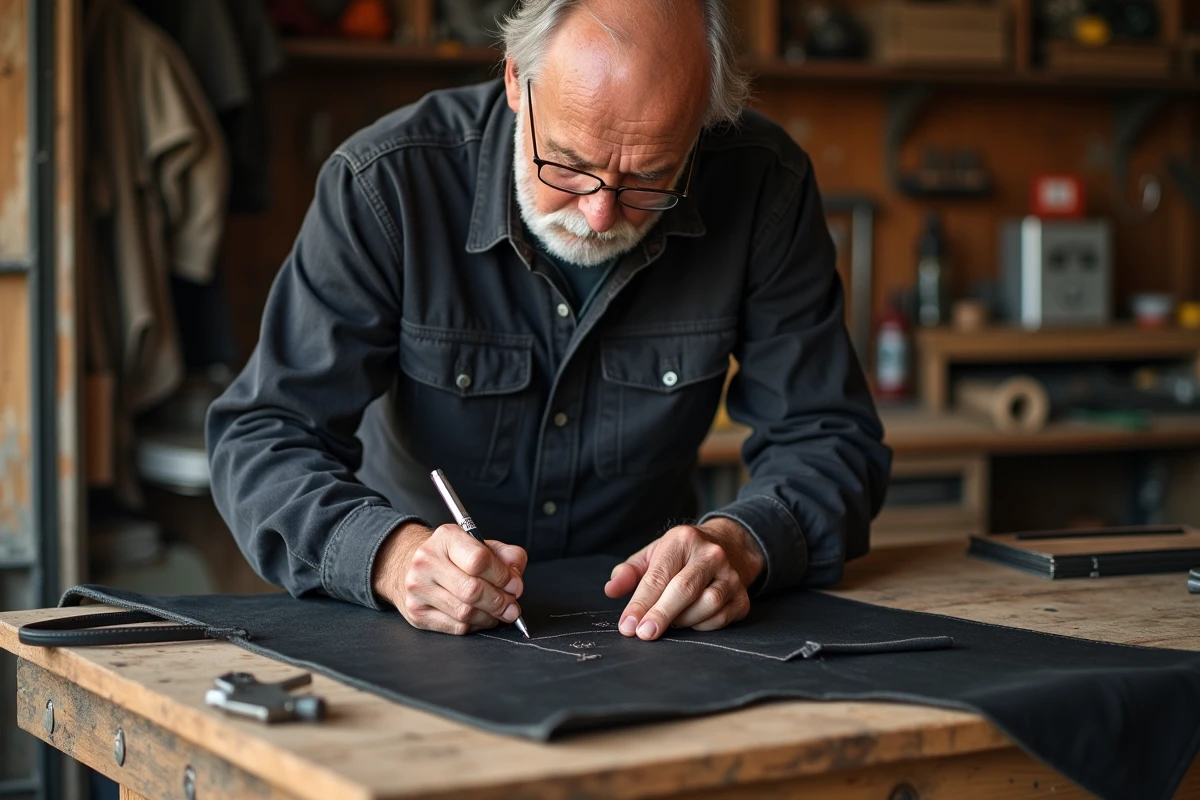 Homme marquant des points sur une ceinture en cuir dans un atelier