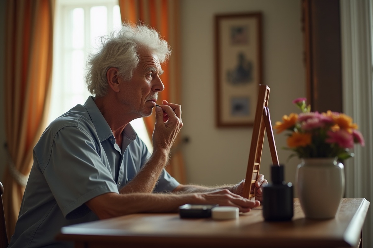 Homme mature se maquillant dans une chambre lumineuse
