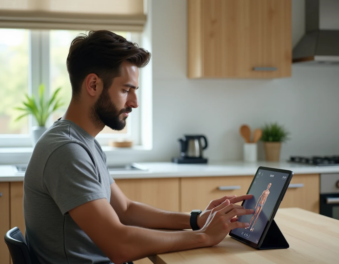 Homme entrant ses mensurations corporelles sur une tablette pour configurer un avatar 3D personnalisé en ligne