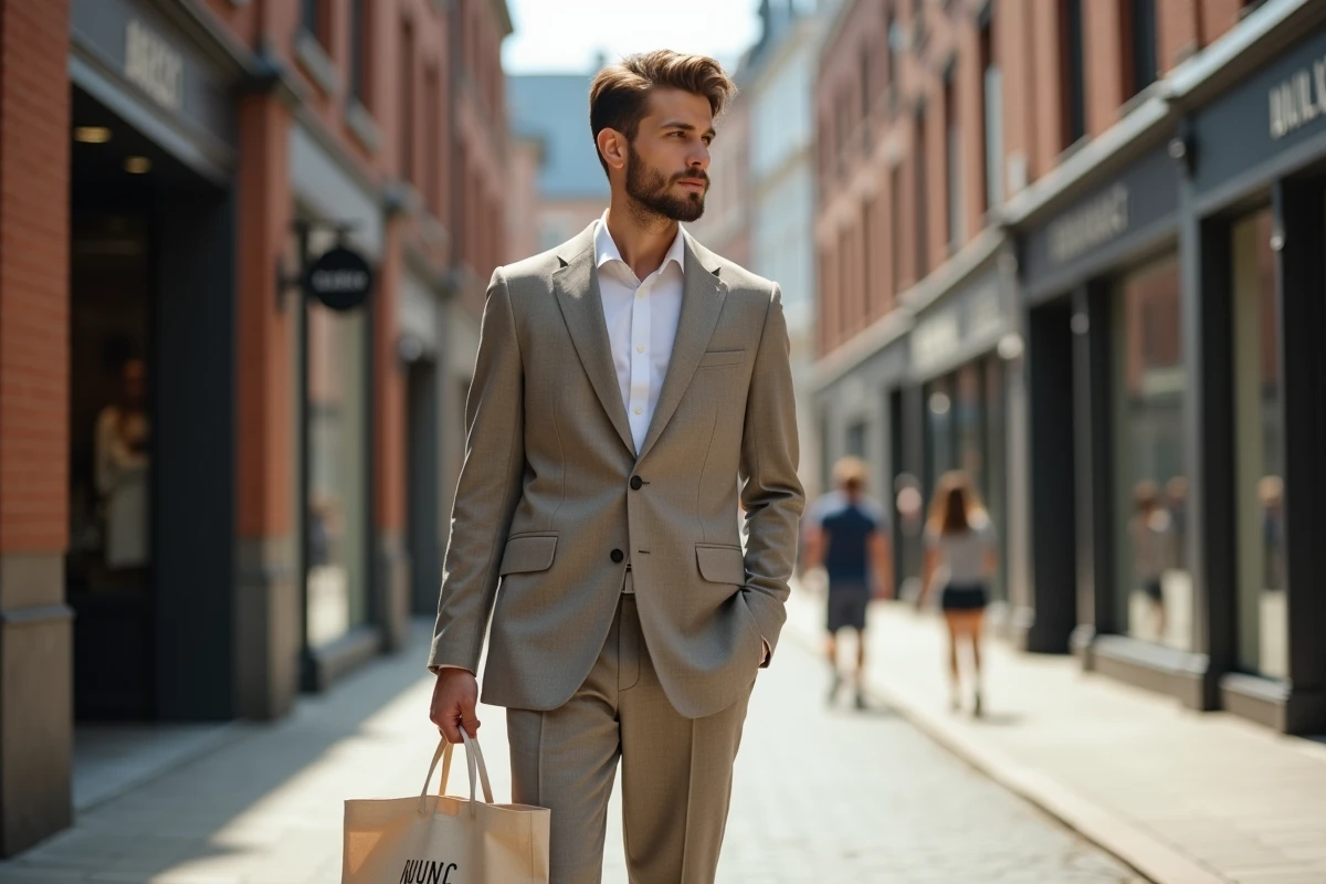 Homme en costume écologique dans une rue urbaine