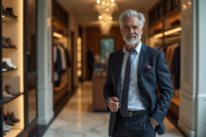 Homme d age portant un pantalon de luxe dans une boutique élégante