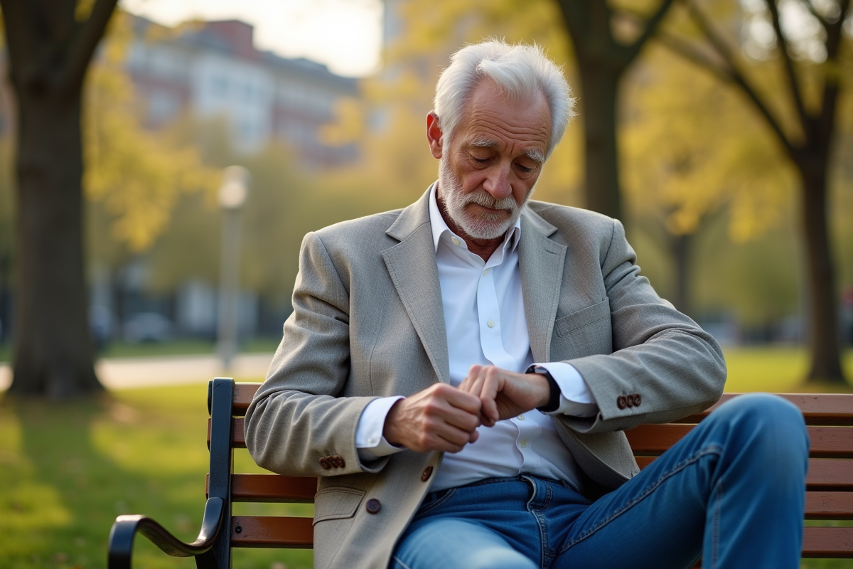 Homme âgé observant la texture de son vêtement en plein air