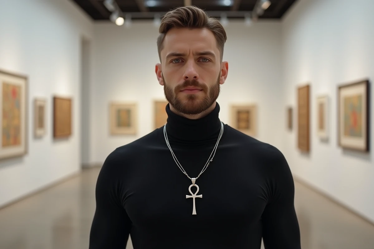 Homme portant un pendentif ankh en argent moderne dans une galerie d'art contemporain avec références égyptiennes, illustrant la tendance bijoux symboliques en 2026