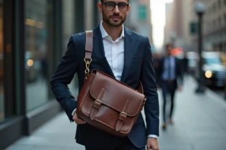 Homme professionnel en blazer marine portant une grande sacoche en cuir structurée en marchant dans un quartier d'affaires urbain