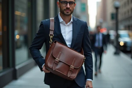 Homme professionnel en blazer marine portant une grande sacoche en cuir structurée en marchant dans un quartier d'affaires urbain