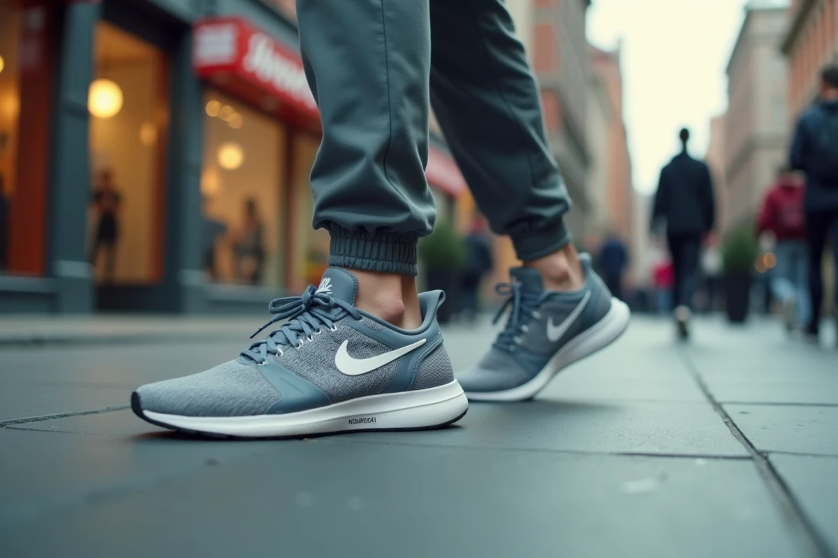 Homme en train de courir dans des Nike 2026 tendance sur un trottoir urbain, tenue de sport moderne et chaussures bicolores