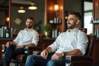 Jeune homme souriant dans un salon de coiffure moderne