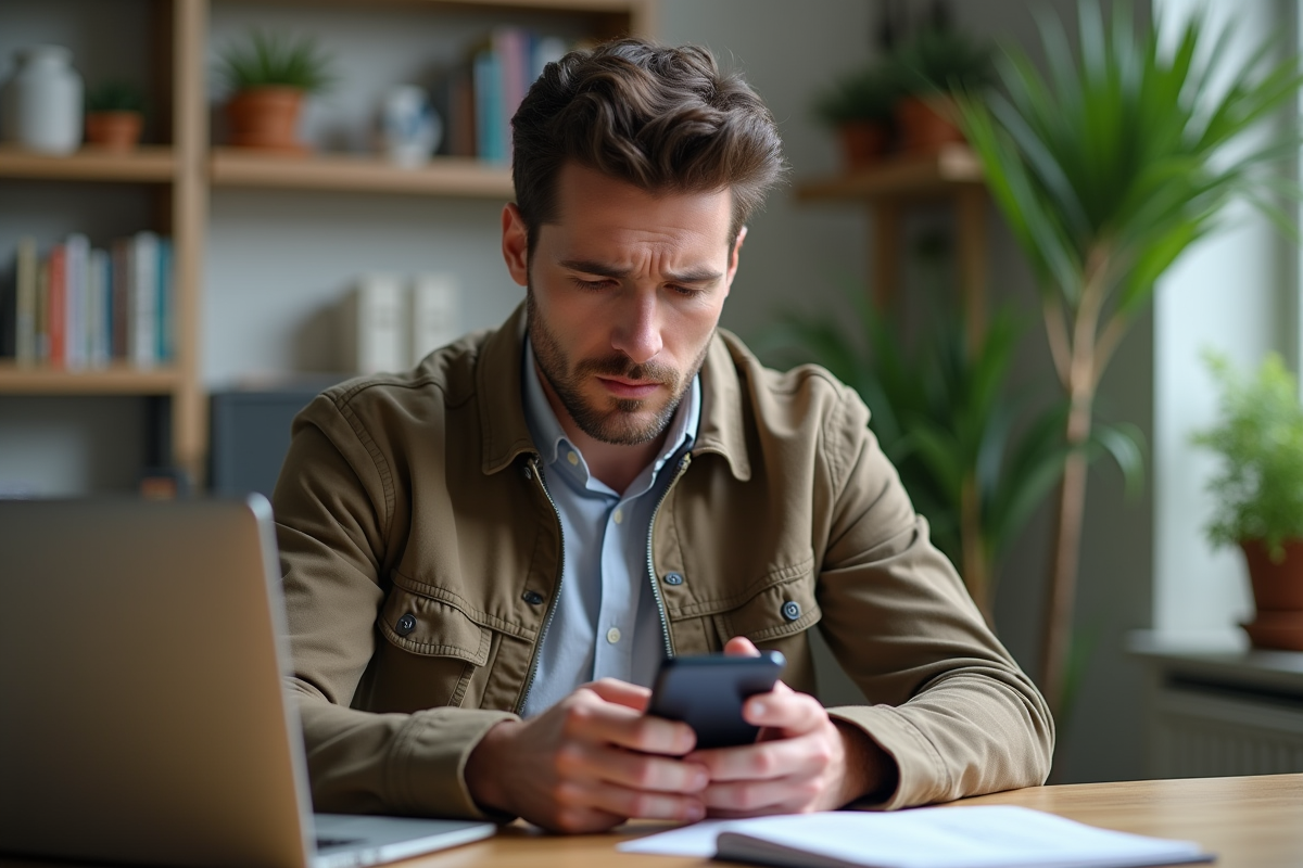 Homme utilisant son smartphone dans un bureau lumineux