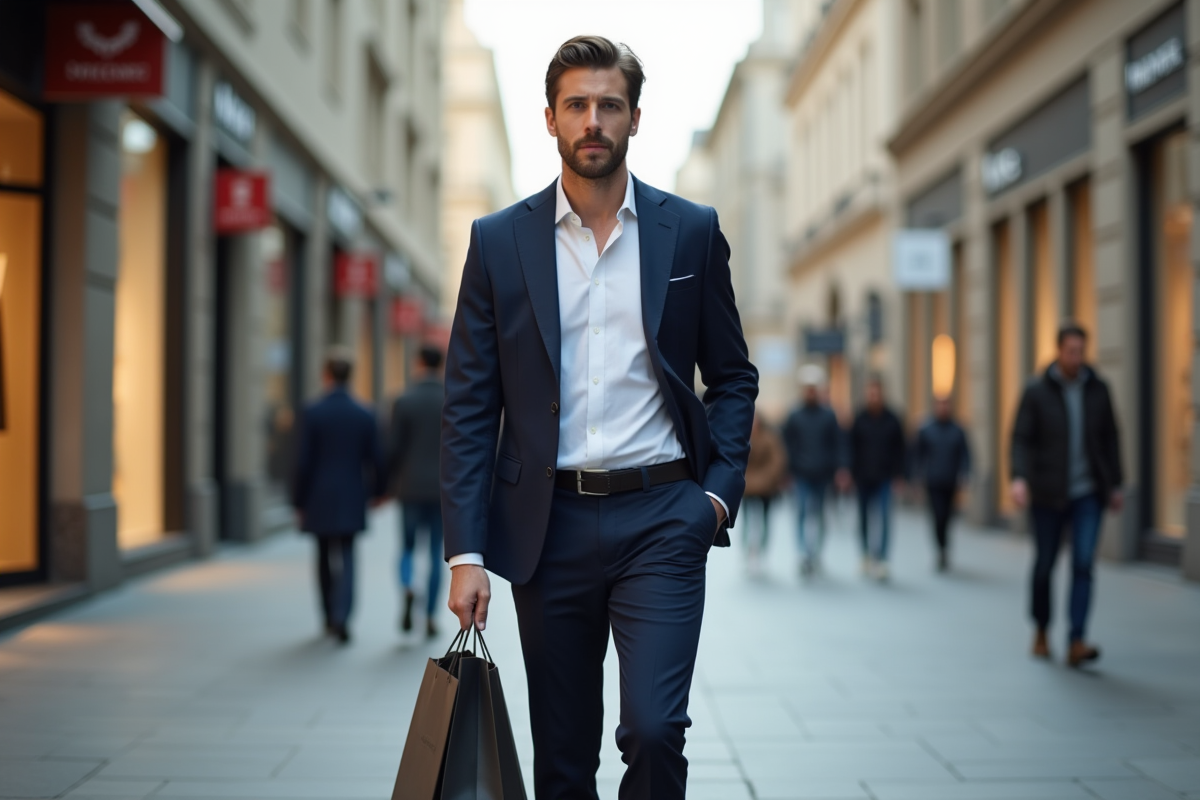 Homme en tenue chic marchant dans une rue commerçante urbaine