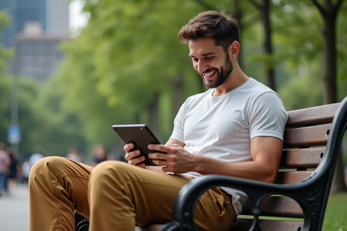 Homme souriant en pantalon Halarainspire dans un parc urbain