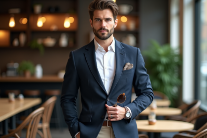 Homme élégant en blazer dans un café urbain