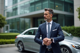 Homme en costume navy regardant sa smartwatch près d'une voiture de luxe