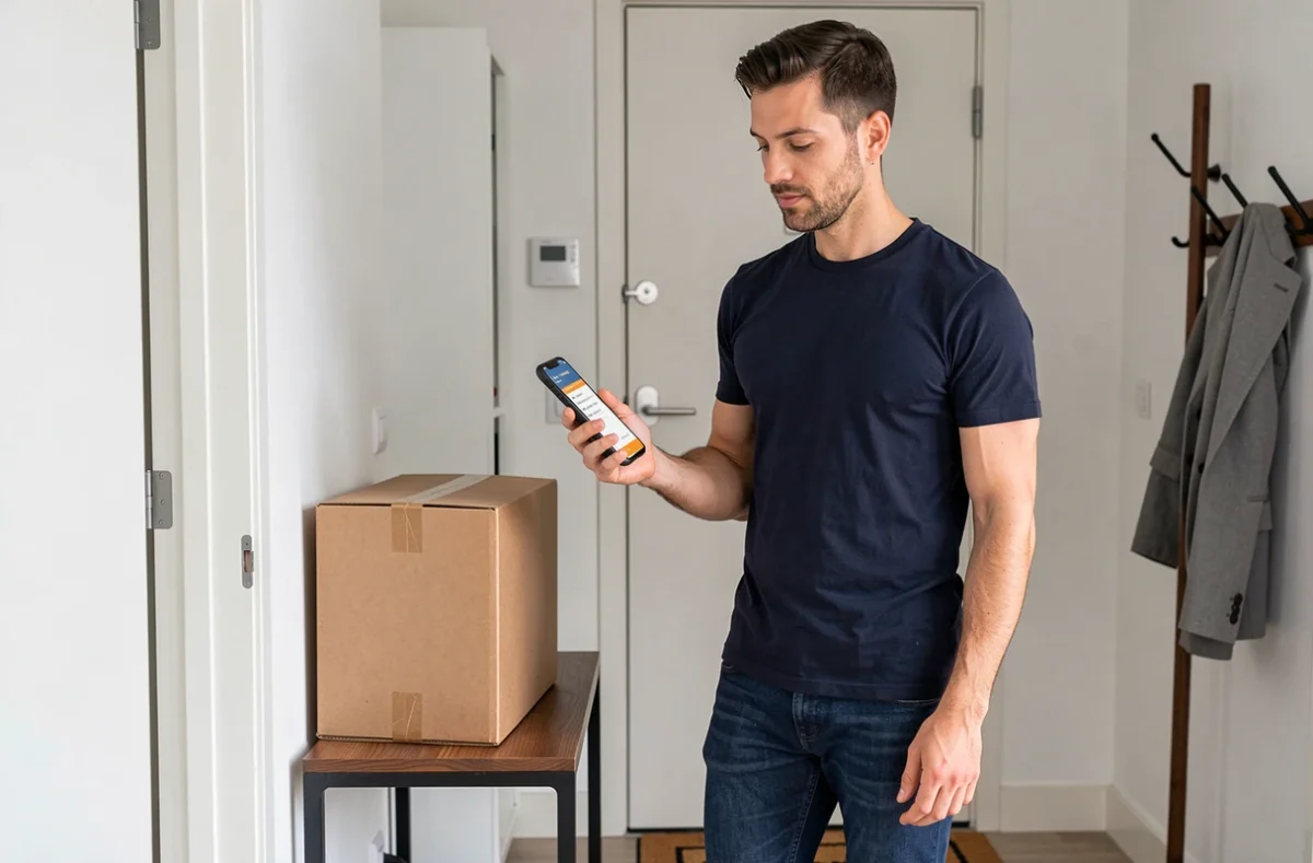 Homme consultant le suivi de colis matenue laposte sur smartphone devant sa porte d'entrée
