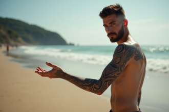 Jeune homme avec tatouage Maori sur la plage ensoleillee