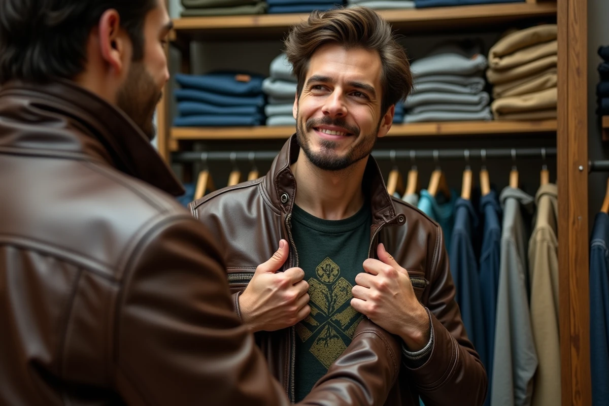 Homme essayant une veste en cuir vintage devant un miroir dans une friperie