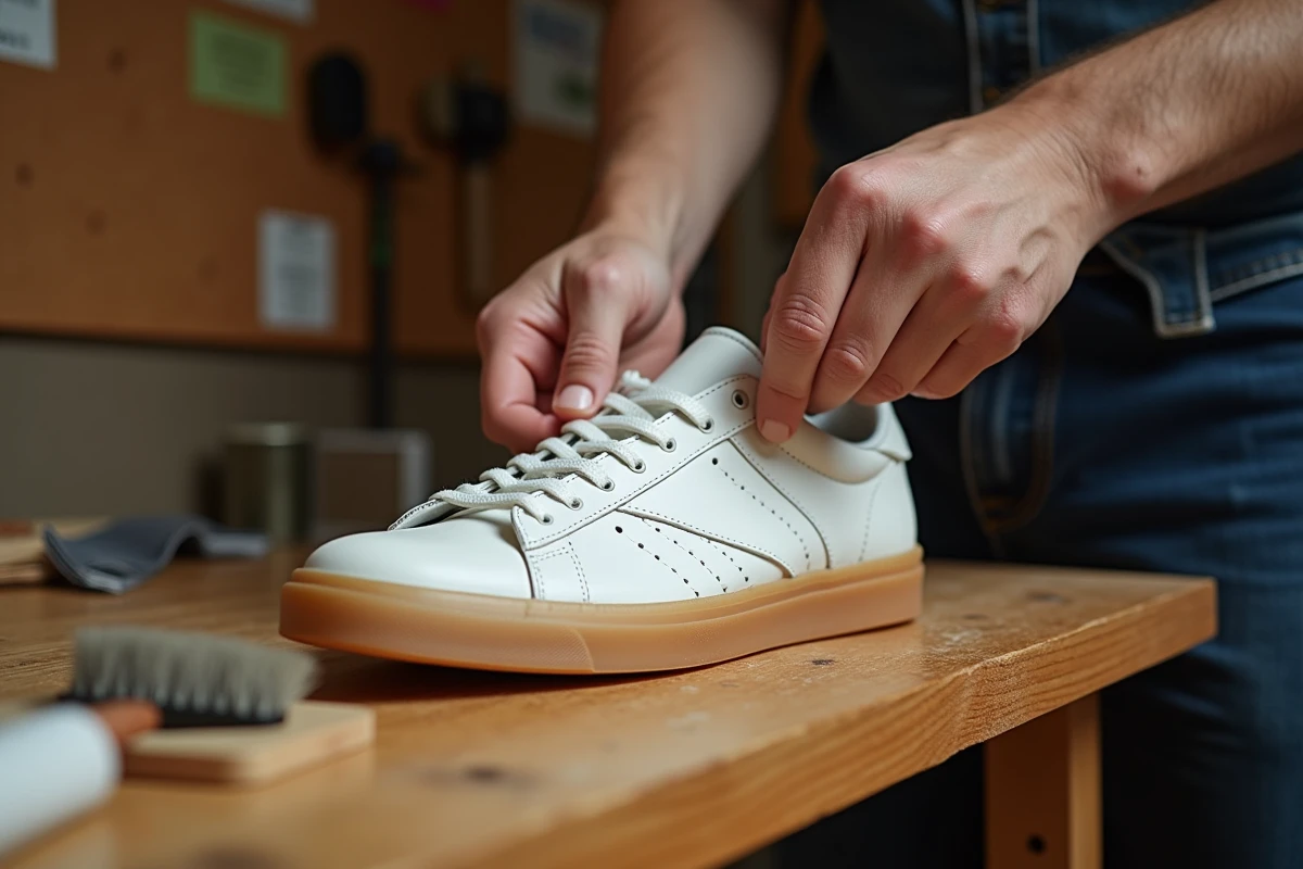 Mains insérant délicatement une forme à chaussures réglable dans une sneaker en cuir blanc de collection sur un établi d'atelier