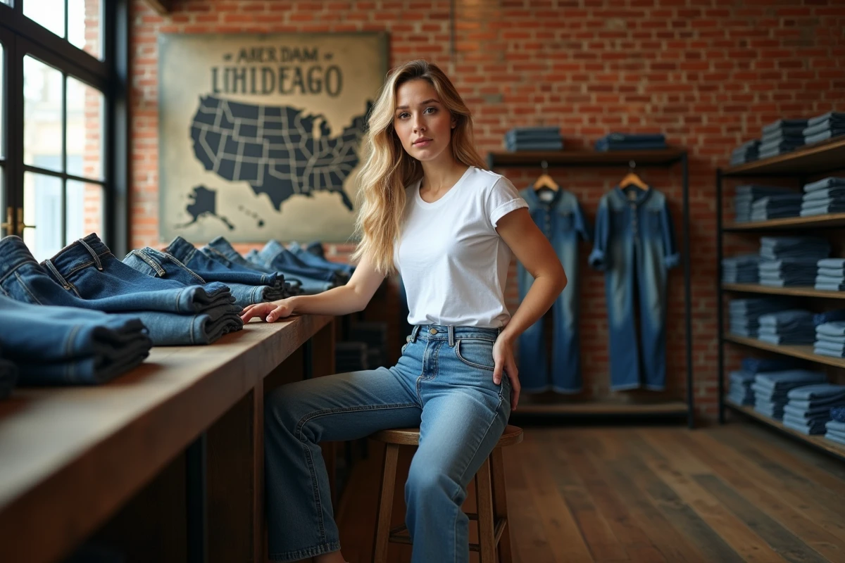 Jeune femme en jean taille haute américain vintage assise dans une boutique de denim patrimoniale avec décor Americana et collection de jeans exposée