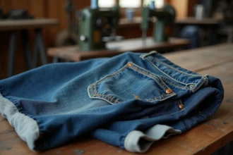Jean brut selvedge posé sur un établi en bois dans un atelier textile italien, détail du tissu denim et des rivets en cuivre