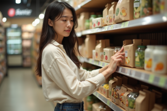 Jeune femme en supermarche bio avec produits durables