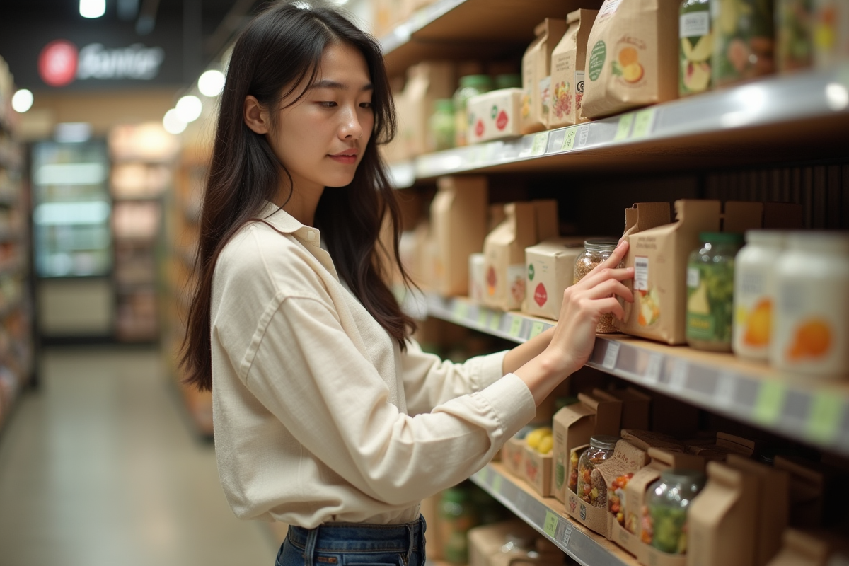 Jeune femme en supermarche bio avec produits durables
