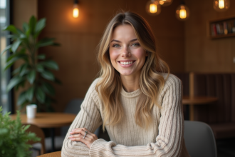 Jeune femme au café dans un décor européen moderne