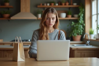 Jeune femme sceptique utilisant un ordinateur portable dans sa cuisine