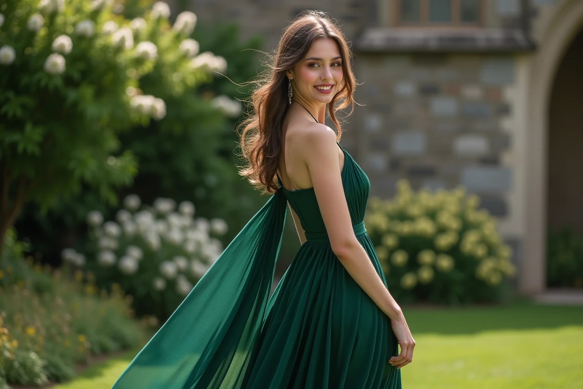 Jeune femme en robe verte dans un jardin fleuri