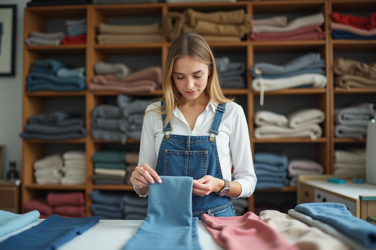 Jeune femme examinant des échantillons de tissus dans un atelier